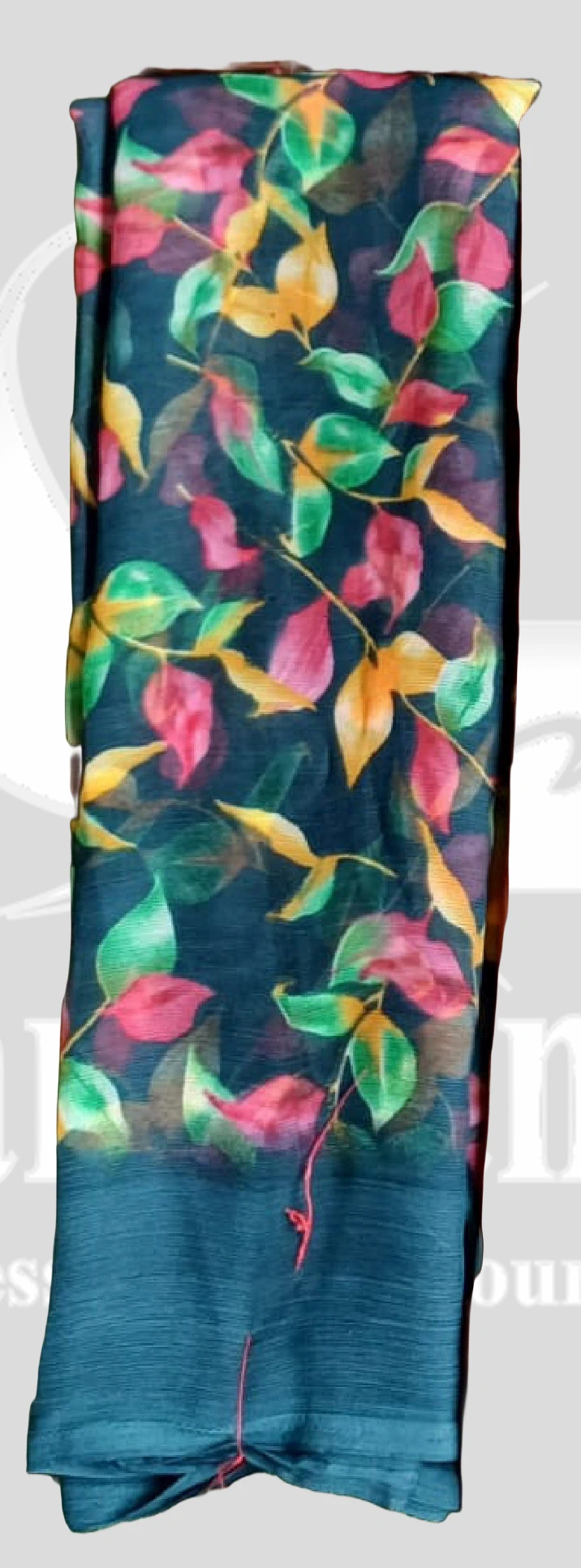 Chiffon Printed Leaf Design Saree &ndash; SANGNI1203 &ndash; Teal Blue Mix